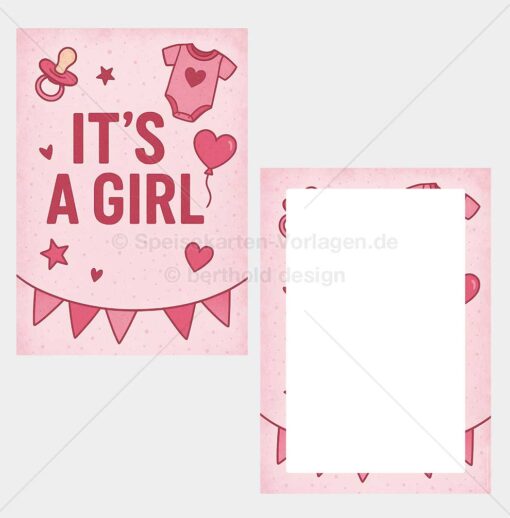 TAGE-BUNT-001 – It's a Girl – Party-Menükarte als PDF zum Download & Selbstdruck